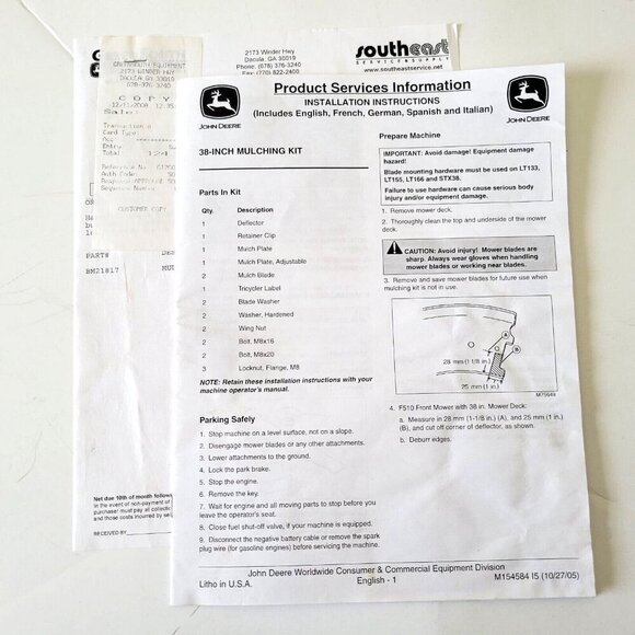John Deere 38-Inch Mulching Kit Product Services Information Manual Instructions - Picture 1 of 1